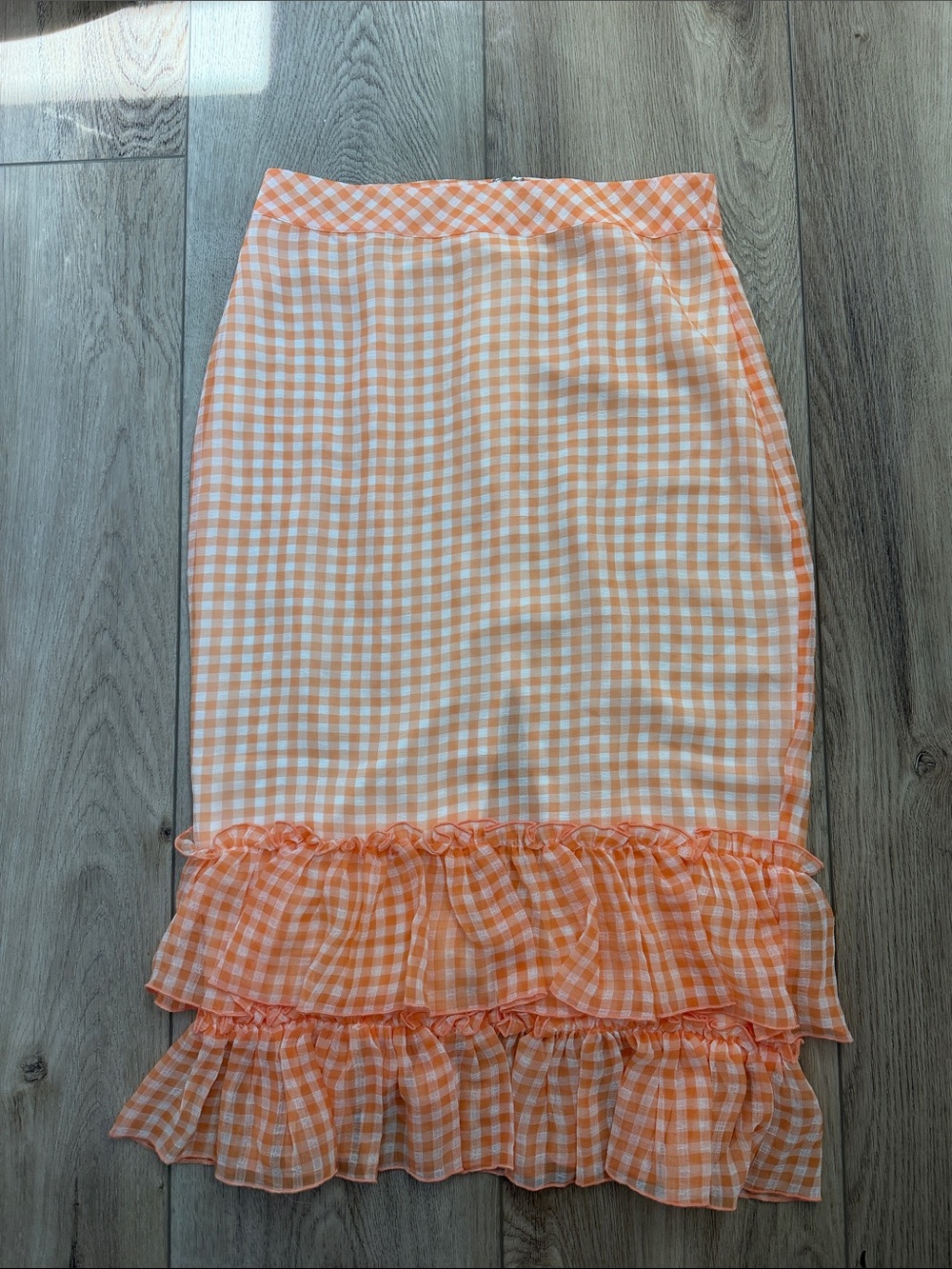 LPA Orange Gingham Ruffle Midi Skirt